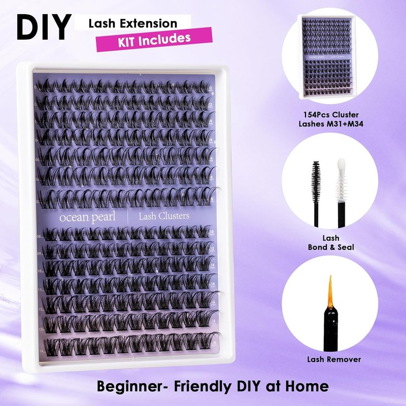 Ocean Pearl Lash Clusters Kit - 154pcs Manga-Inspired Spike Effect Lashes | DIY Eyelash Extensions with Bond, Seal & Tweezers