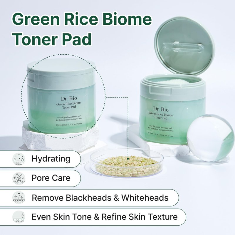 Dr.Bio Green Rice Biome Toner Pad (5.54oz/60 Pads) with Probiotic, Exfoliating, Remove Blackheads & Whiteheads, Radiant Skin, Dual-Sided Pad for Sensitive Skin, Fragrance-Free, Vegan Korean Skincare