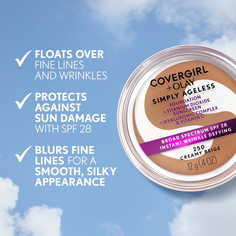 COVERGIRL Simply Ageless Instant Wrinkle Defying Foundation, SPF 28, Hyaluronic Complex & Vitamin C - 235 Medium Light, Pack of 1