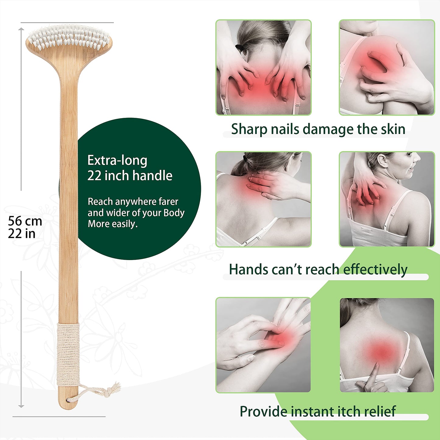 Renook Bamboo Back Scratcher, 22'' Extra Long Curved Handle Reach Back Easily, Wide Brush Head Soft Bristles for Instant Itch Relief, Wet or Dry Use for Shower, Easy to Grip for Men/Women/Elderly