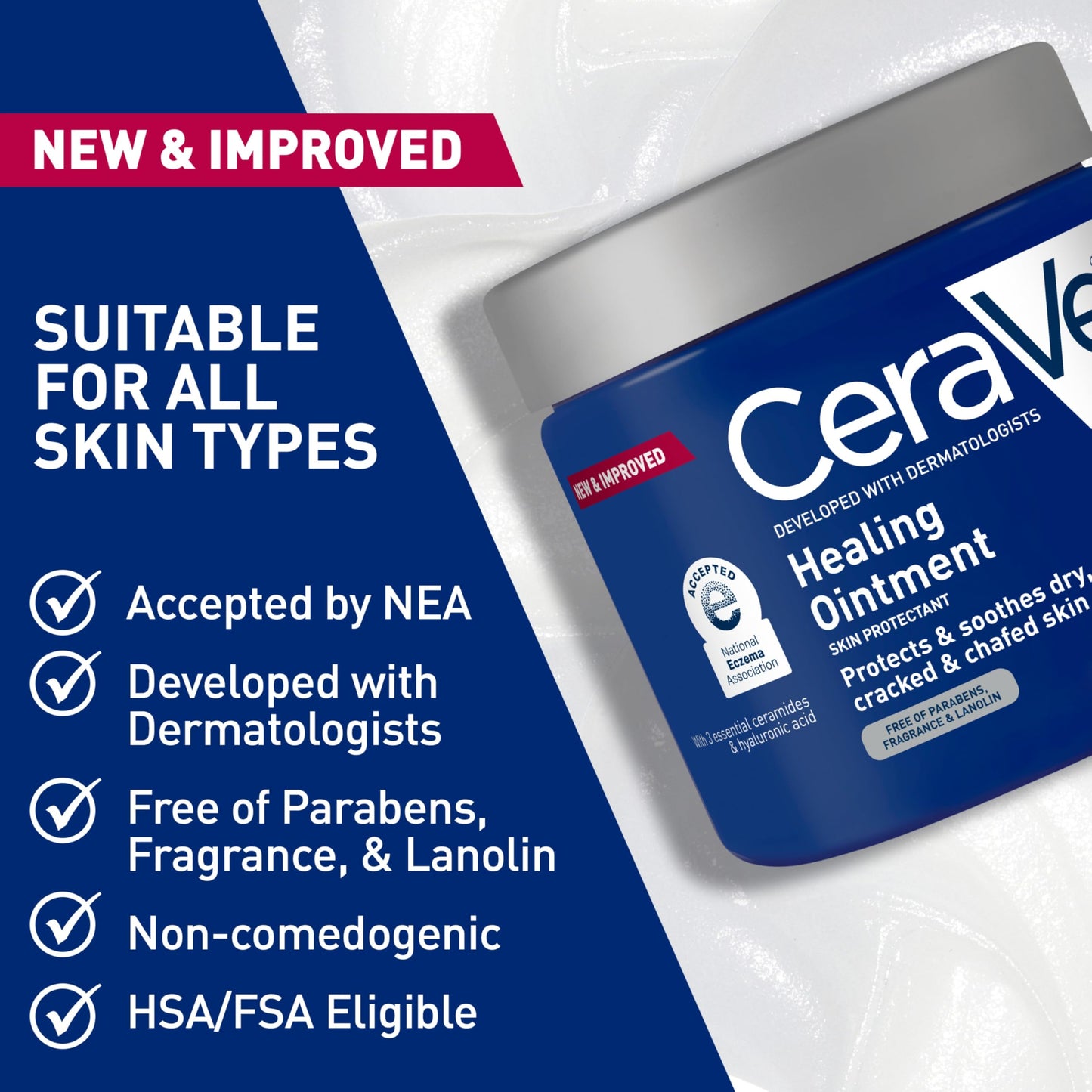 CeraVe Healing Ointment, Hydrating Skin Protectant With Petrolatum, Hyaluronic Acid & Ceramides, Face & Body Skin Barrier Repair For Cracked, Chafed, Dry Skin, Fragrance Free & Lanolin Free, 12 Oz