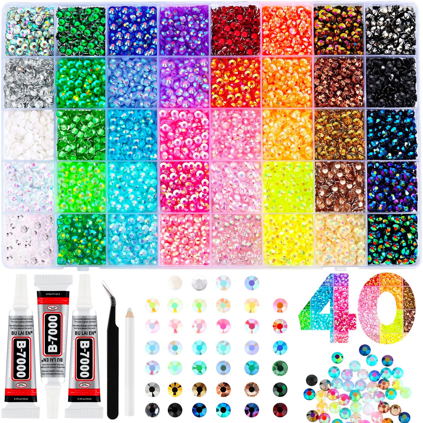 Zefy 40 Colors Resin Jelly Rhinestones for Bedazzling, 5mm 10000 Pcs Flatback Gems for Crafting, Bedazzling Kit with 3Pcs B7000 Glue for Clothing Shoes Nail Book Diamond Art