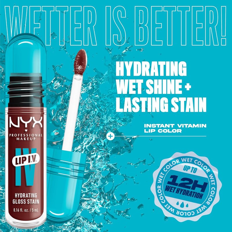 NYX PROFESSIONAL MAKEUP Lip IV Hydrating Glossy Lip Stain - Long-Lasting Vegan Formula with 12 HR Hydration | Mocha Me Wet (Brown)