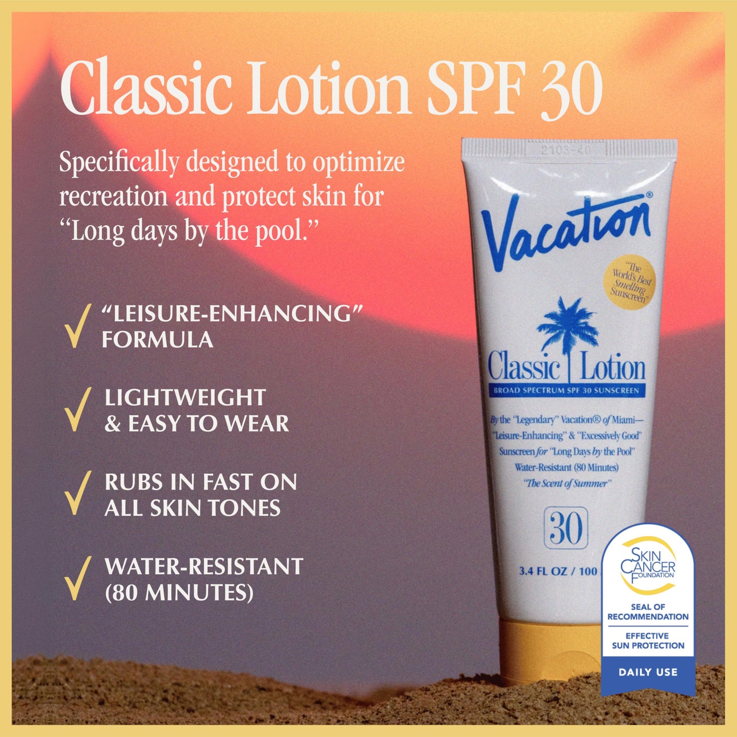 Vacation Classic Sunscreen Lotion SPF 30, Water-Resistant, Lightweight, Transparent on All Skin Tones, Dermatologist-Tested, Vegan, Travel Size, 3.4 Fl. Oz. (Value Pack of 3)