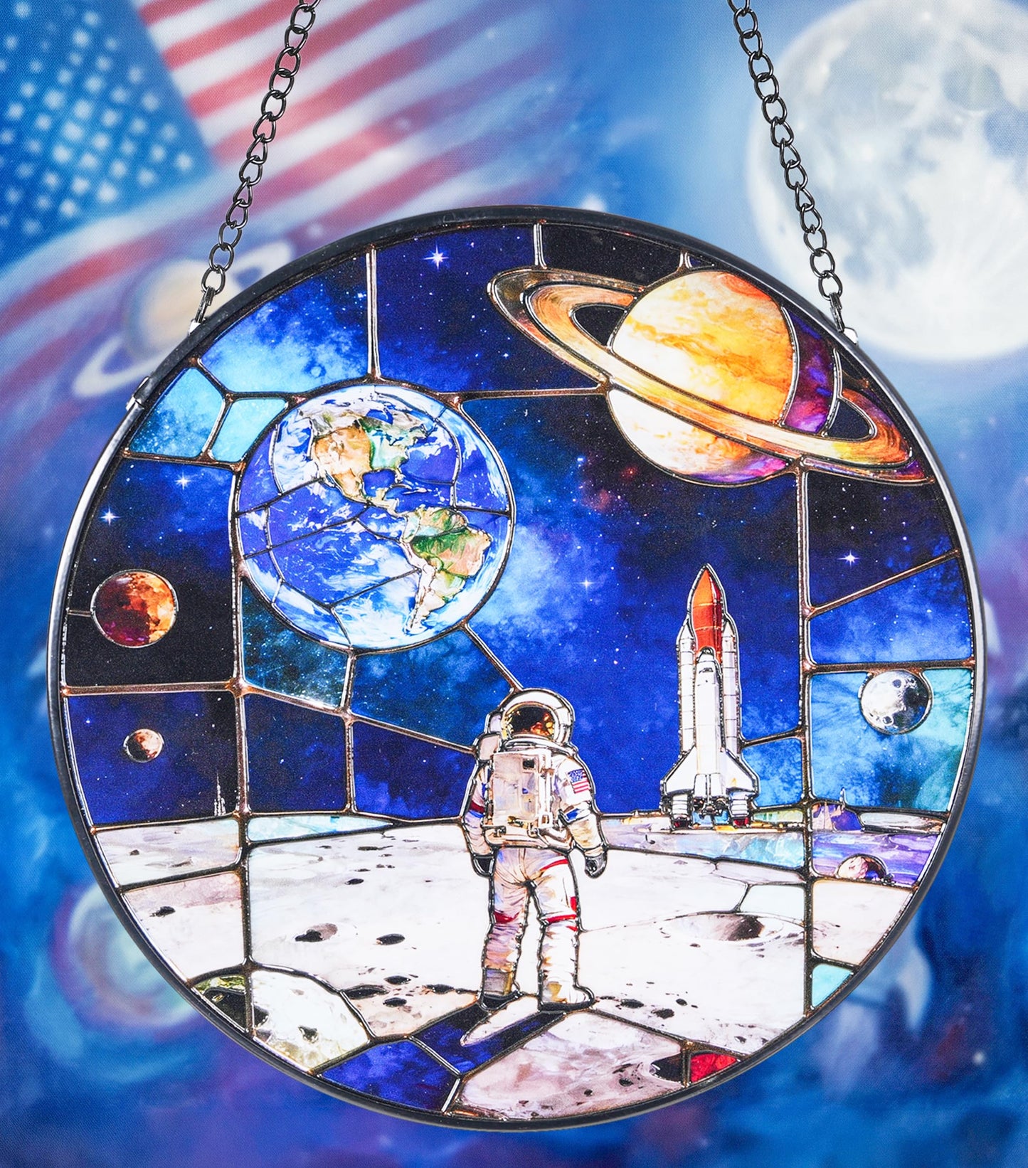 Stained Glass Window Hanging Suncatchers with Armstrong's Moon Landing 12.6", Vibrant Glass Panel with Metal Chain for Home Decor Gift for Women Mother's Day, Birthday, Men, and Mom