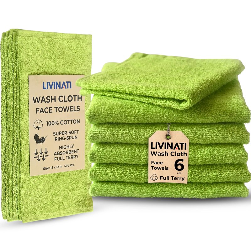 LIVINATI Lemon Lime 100% Cotton Wash Cloths for Showering Body and Face - 12"X12" 6 Pack Washcloths - Small Terry Towel Bath Rags for Adults and Kids Bathroom - Soft Absorbent