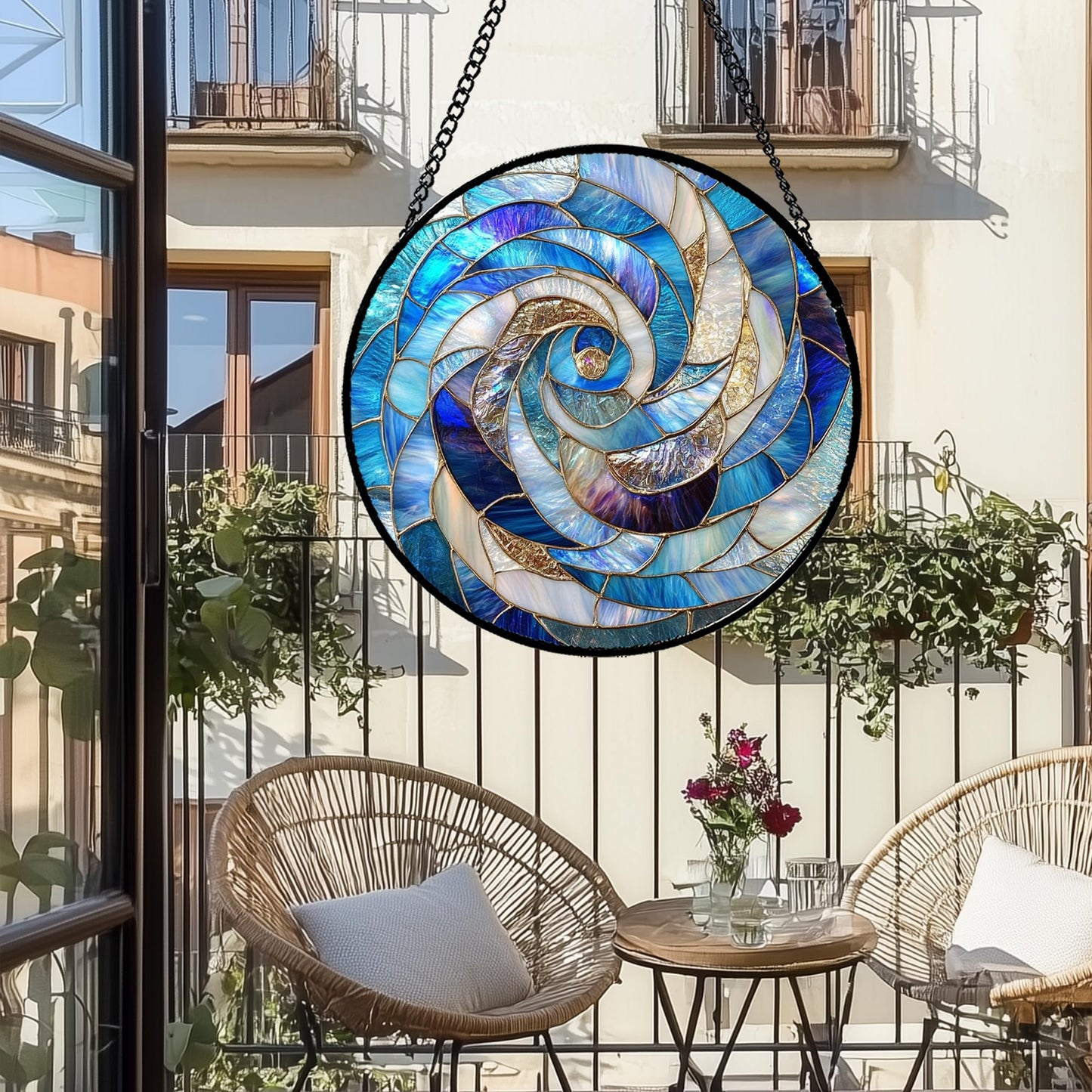 GEFOS Stained Glass Window Hanging Abstract Blue Golden Spiral Large 15" - Suncatcher Door Garden Sunroom Sun Catcher Home Decor Housewarming Birthday for Mom Grandma Men Woman