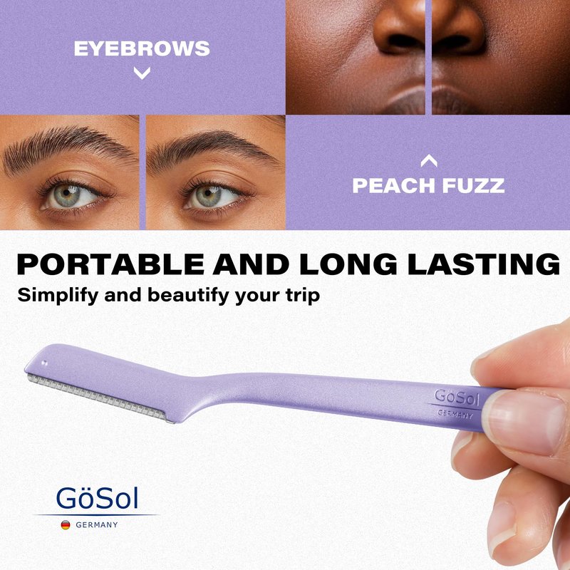 GöSol Professional Metal Dermaplaning Razor for Women, Reusable Face & Eyebrow Shaper for Peach Fuzz, At-Home Dead Skin Removal, Japanese Stainless Steel Blades W/Extra 3 Refills - Purple