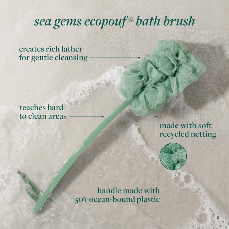 EcoTools Sea Gems EcoPouf Bath Brush, Gentle Exfoliating Body Scrubber for Shower Cleansing & Smoothing, Recycled Netting Loofah with Long Handle, Vegan & Cruelty-Free, 1 Count