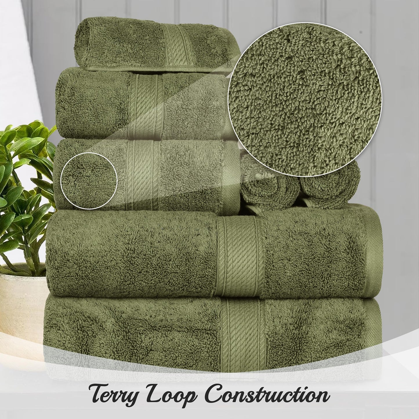Superior Egyptian Cotton Pile 8 Piece Towel Set, Includes 2 Bath, 2 Hand, 4 Face Towels/ Washcloths, Ultra Soft Luxury Towels, Thick Plush Essentials, Guest Bath, Spa, Hotel Bathroom, Forest Green