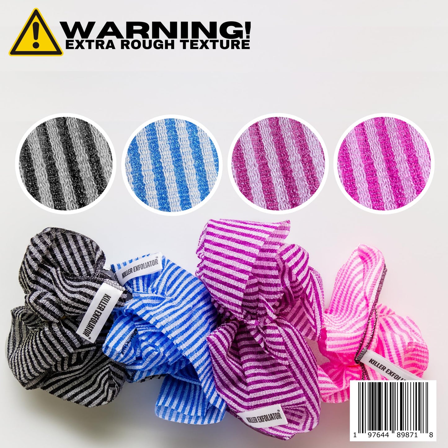 Killer Exfoliator Premium Extra-Rough Japanese Exfoliating Body Scrubber: Extra Long, Hygienic, Body Scrubber Exfoliator for Men & Women - 4 Count Pack (Black, Blue, Purple & Pink)