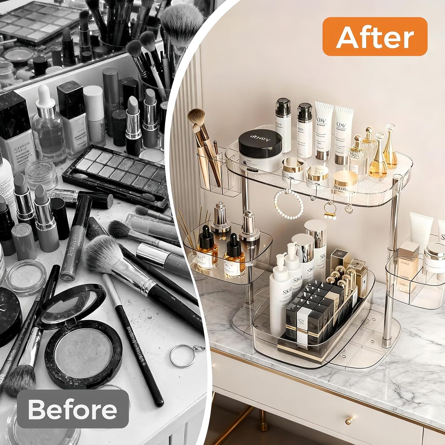 Skiennix Rotating Makeup Vanity Organizer - Stylish Bathroom Countertop Storage with Detachable Trays & Hooks