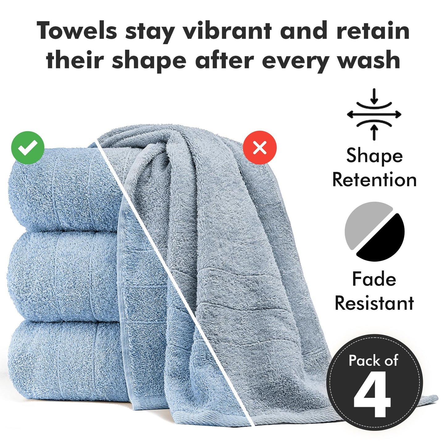 Novo Home Bath Towels Set of 4 – 100% Cotton Sky Blue Extra Large Towels for Bathroom, Spa Use (55x28 in) – Super Soft and Quick Dry Large Bath Sheets for Adults