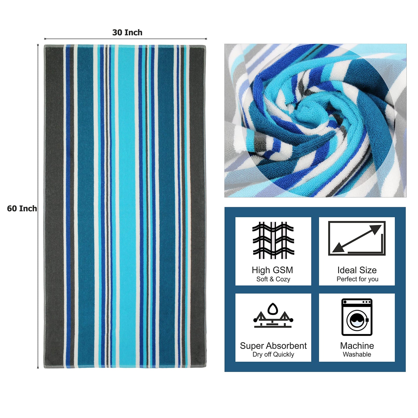 COTTON CRAFT Large Beach Towel - 2 Pack -30 x 60-100% Cotton Terry - Pool Picnic Bath Party - Colorful Absorbent Light Weight Quick Dry Easy Care - Plush Super Soft Luxury Gift - 450 GSM- Cabana Blue
