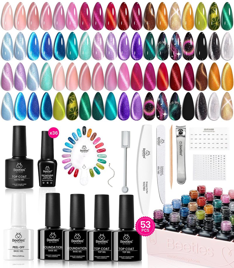 Beetles Cat Eye Gel Nail Polish Set - 36 Colors Gift Spree Red Purple Brown Green Burgundy Magnetic Christmas Gel Polish Kit Base Glossy Matte Top Coat Soak off UV DIY Salon Nail Art Gift for Women