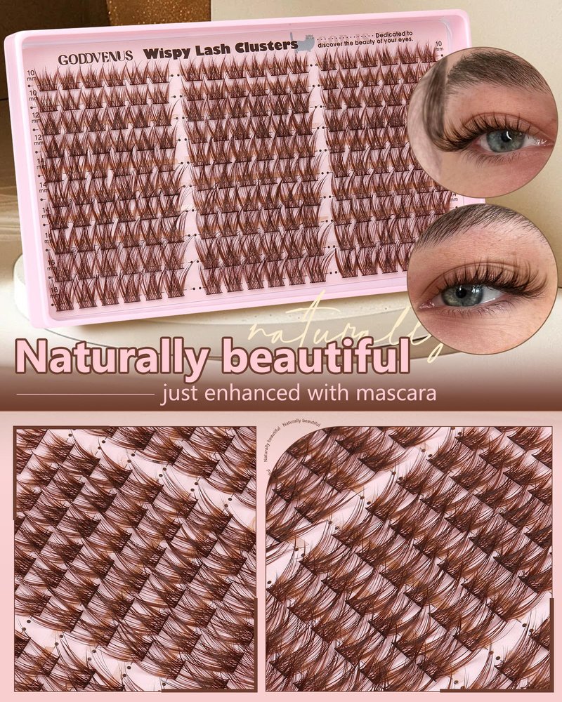 Goddvenus Brown Wispy Eye Lash Clusters Kit Natural Cluster Eyelash Extensions Kit False Eyelash Clusters Fluffy DIY Individual Lash Extensions Kit C Curl