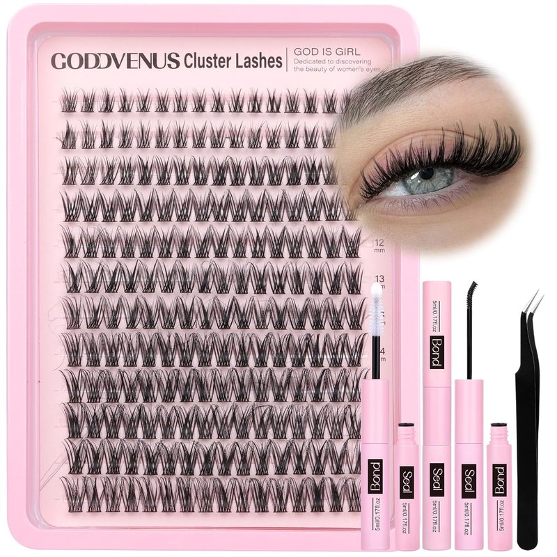 Goddvenus Lash Clusters Kit - DIY Wispy Eyelash Extensions with Waterproof Glue & Tweezers | 192pcs D Curl