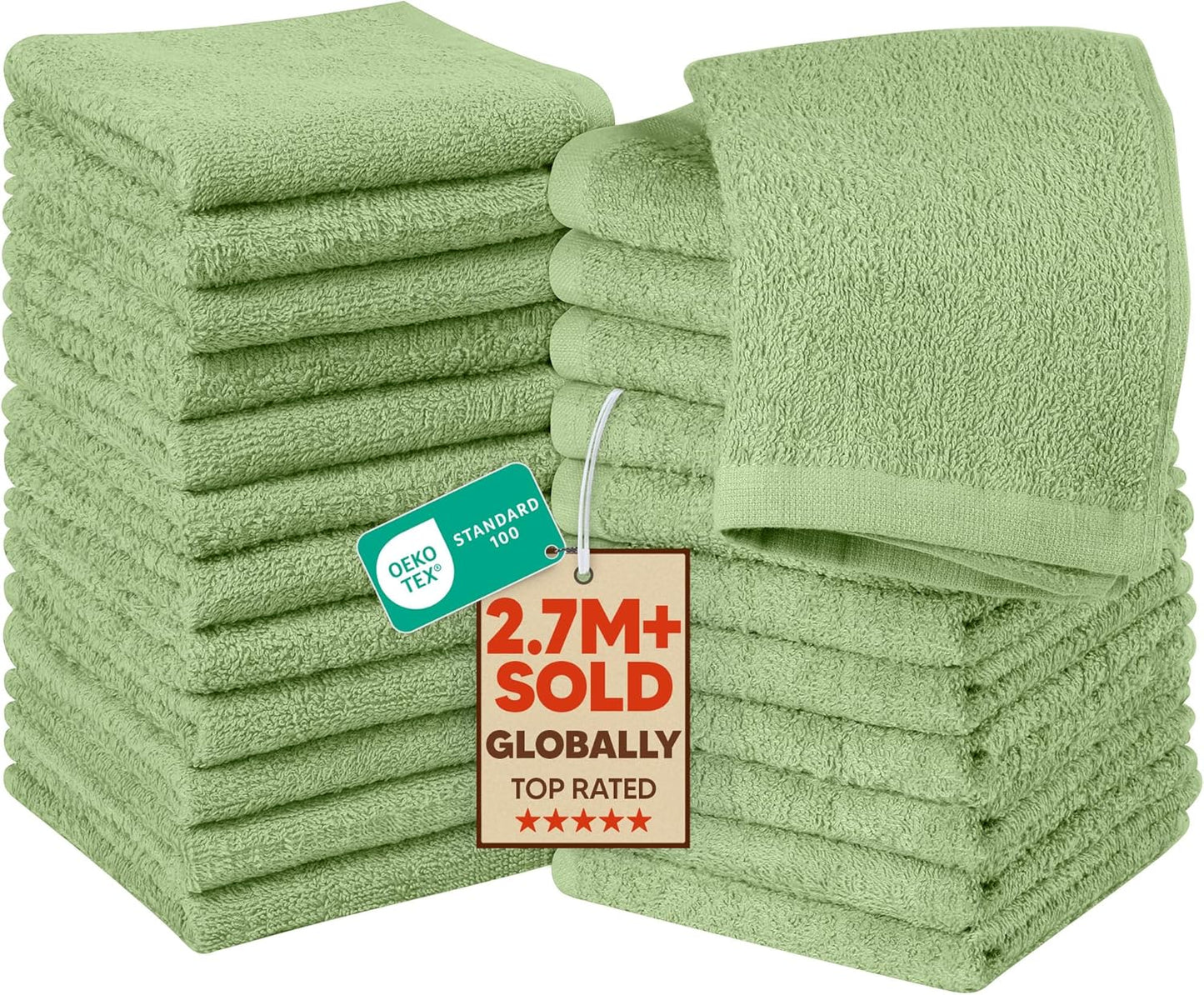 Utopia Towels | 24-Pack Cotton Washcloths Set - Highly Absorbent Flannel Face Cloths in Sage Green