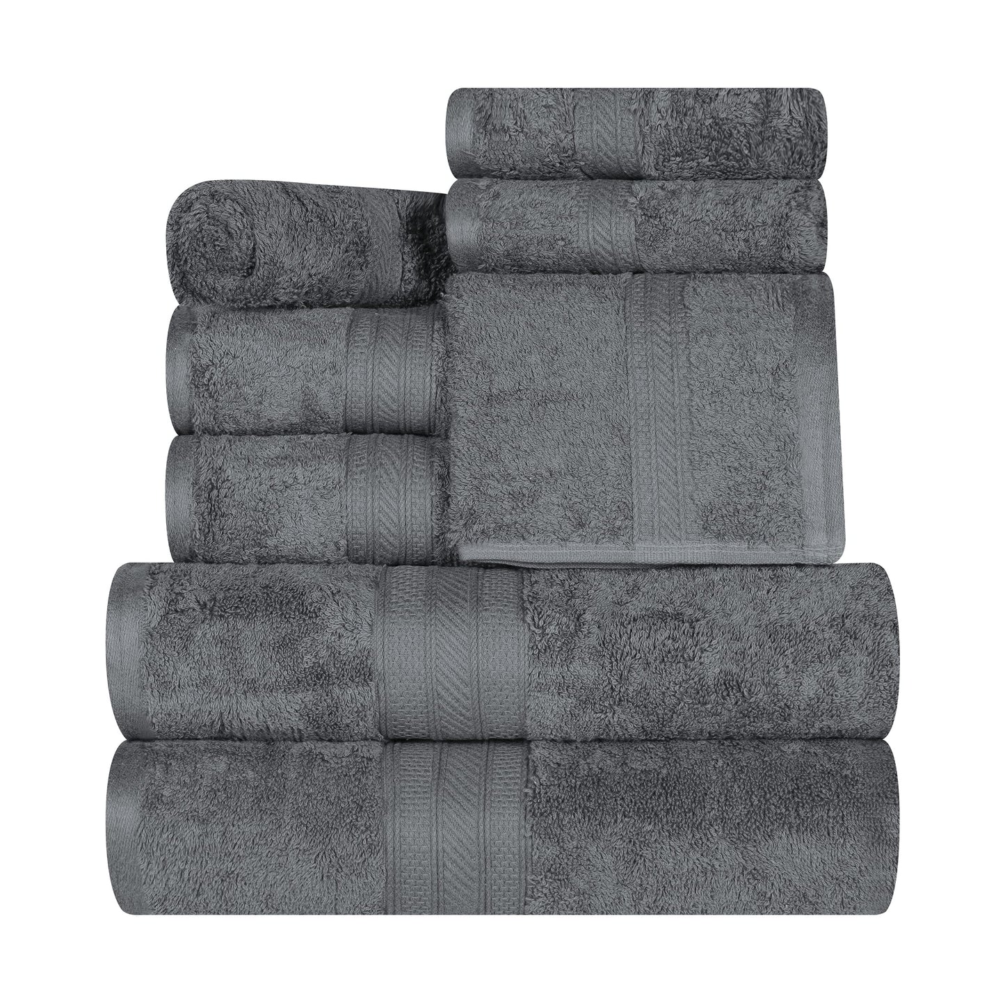 Superior Long Staple 100% Combed Cotton 700GSM 8-Piece Solid Towel Set for Bathroom, Shower, Kitchen-Super Soft, Plush, Assorted 8-Piece Towels, 4 Face/Washcloths, 2 Hand Towels, 2 Bath Towels, Grey