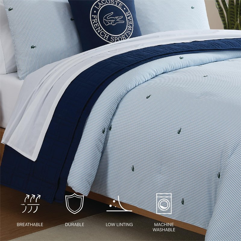 Lacoste Pinstripe Croc Comforter Set, 100% Percale Cotton 180TC, Breathable All Season Bedding with Embroidered Crocodile Logo, Blue, Twin