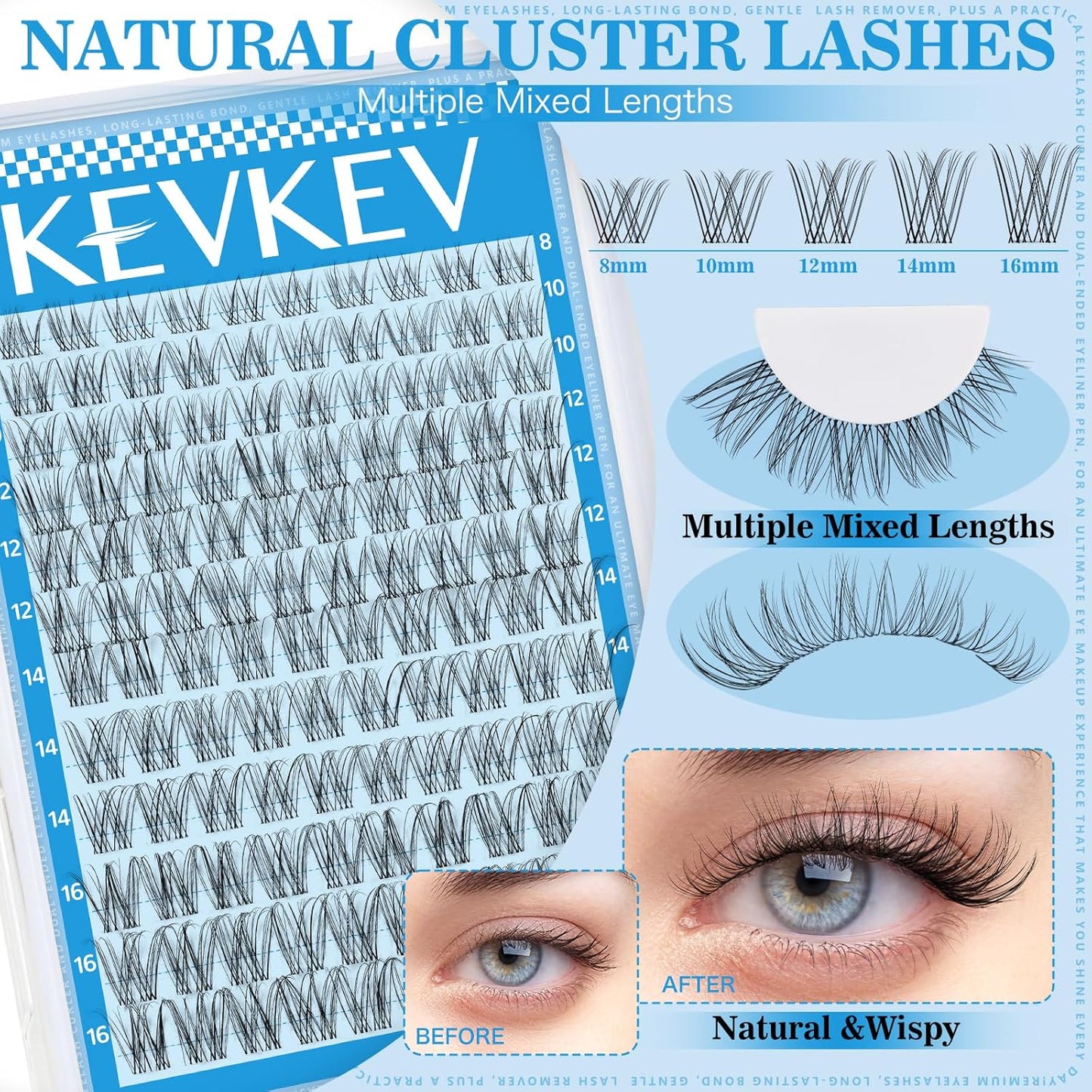 Skiennix Wispy Lash Clusters Kit - Natural Look Eyelash Extensions | 8-16mm Mix Length, Clear Band
