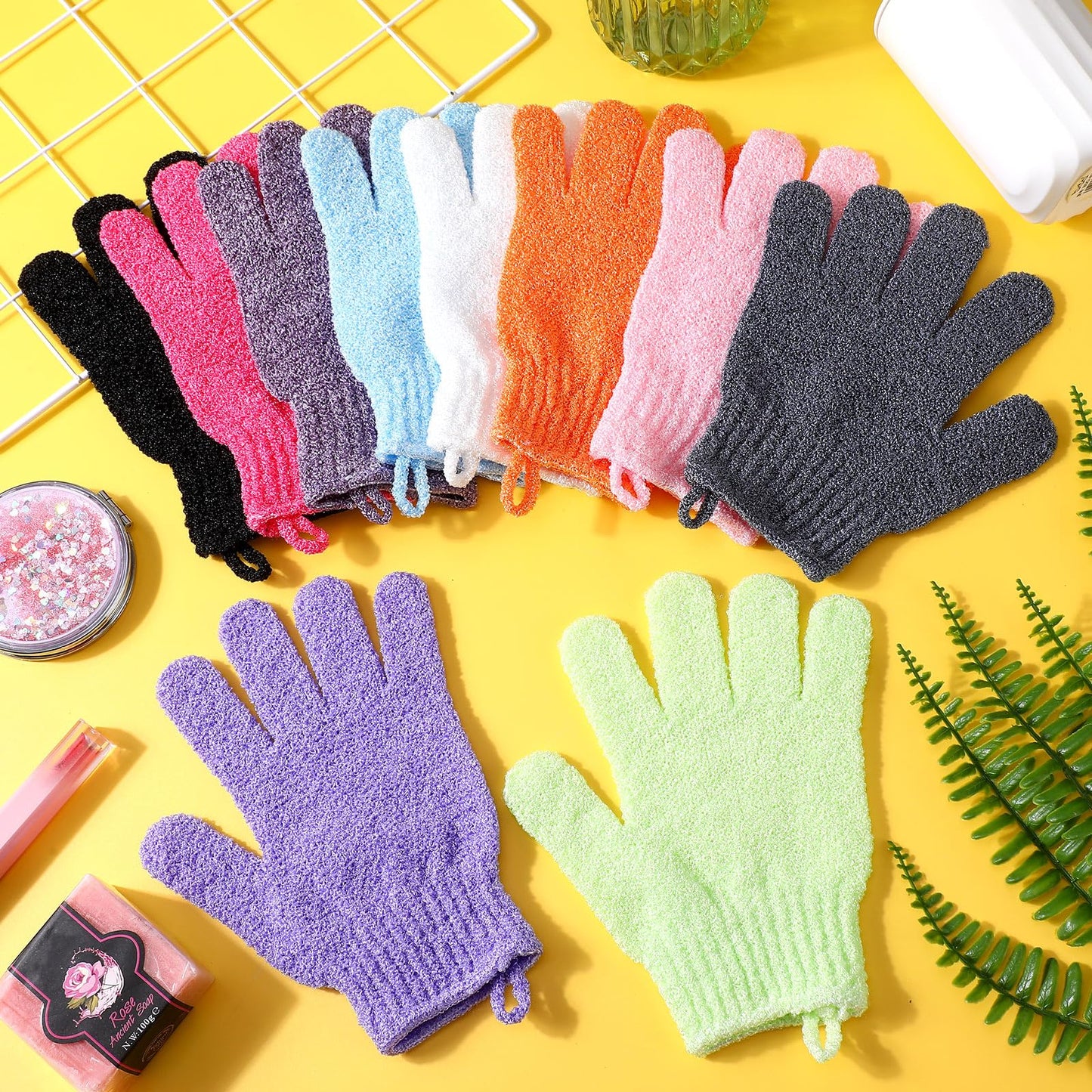 FoldTier 100 Pcs Exfoliating Gloves Bulk for Shower Body Double Sided Gloves Exfoliating Bath Mitt with Hanging Loop Bath for Women Men Bathing Skin Scrubber Accessories Beauty Spa (Multicolor)