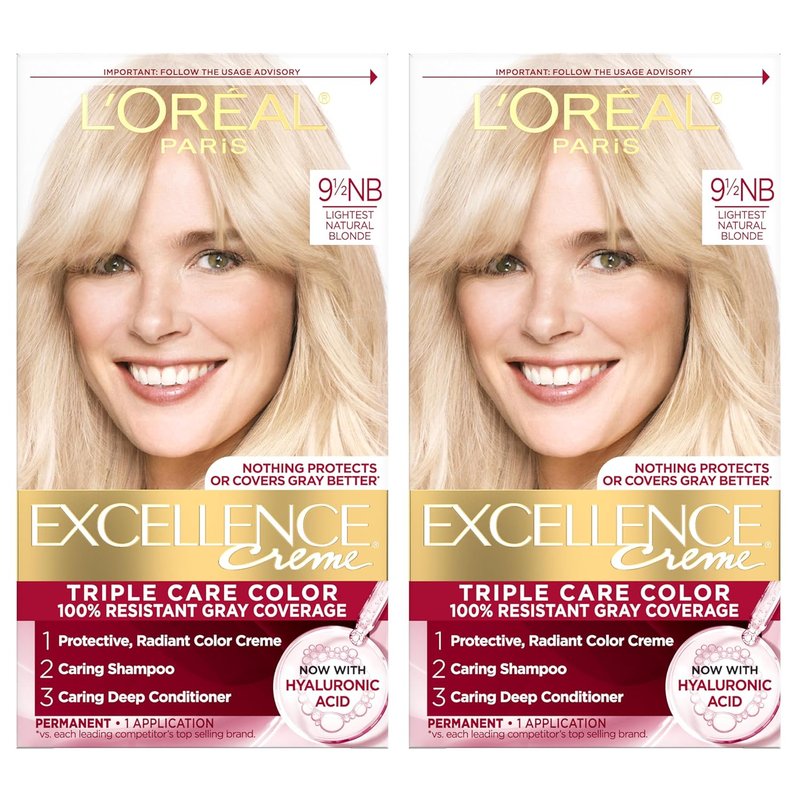 L'Oreal Paris Excellence Crème Permanent Hair Dye, Triple Care Hair Color with Hyaluronic Acid for 100% Gray Coverage, 9.5NB Lightest Natural Blonde, 1 Kit (Pack of 2) (Packaging May Vary)