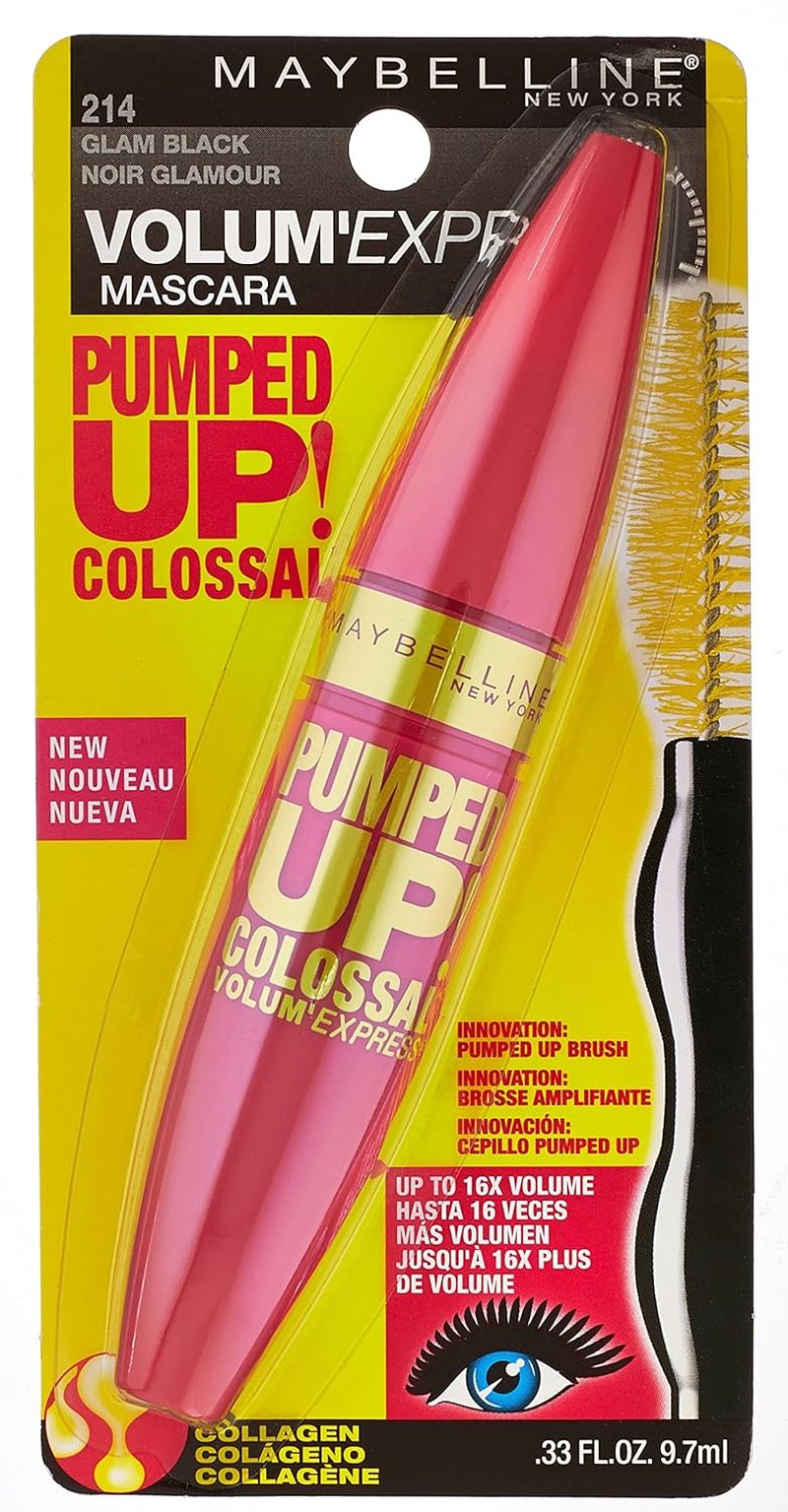 Maybelline Volum' Express Colossal Mascara - Washable, Collagen-Infused for 16x Volume | Glam Black, 1 Count