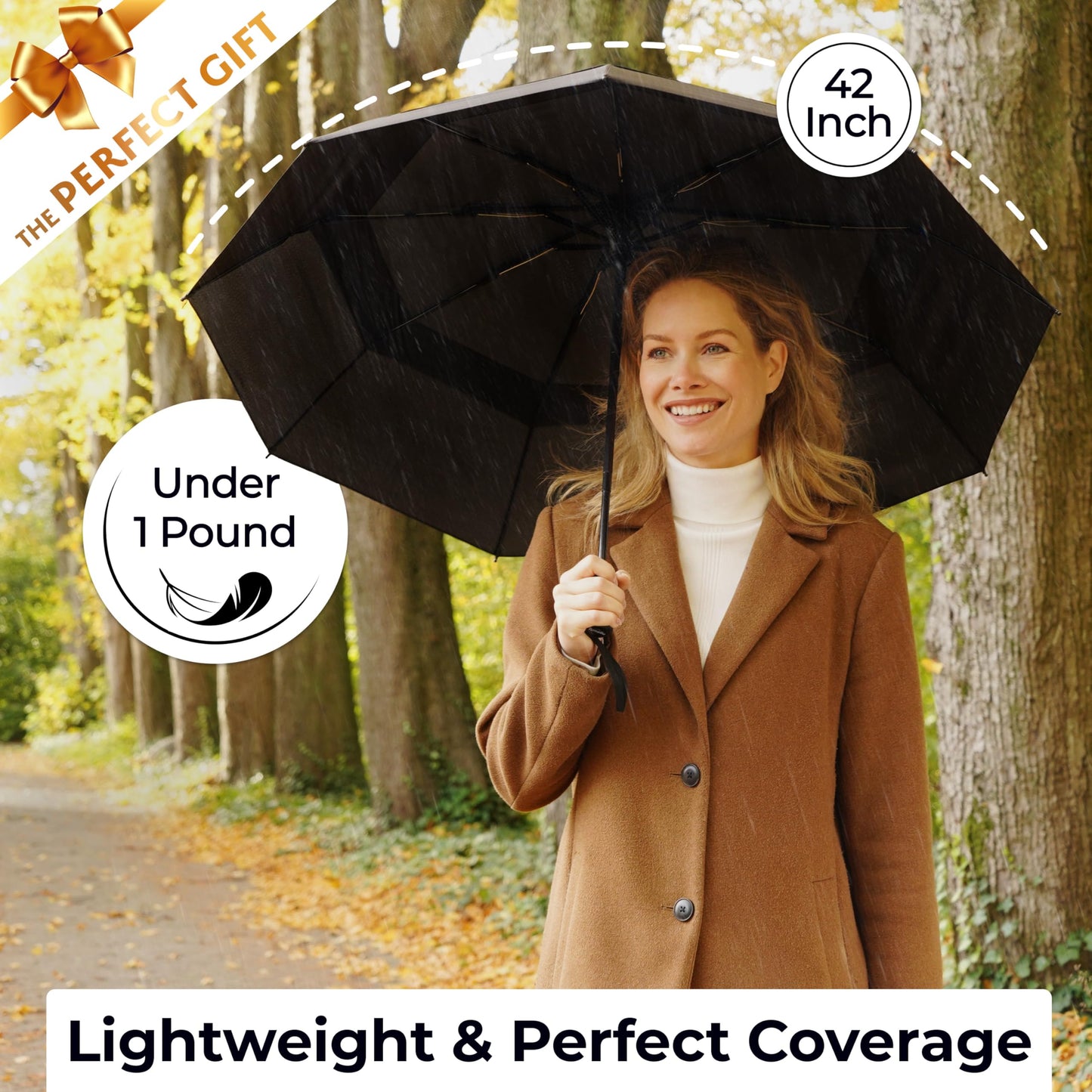 TUMELLA Strongest Windproof Travel Umbrella (Compact, Superior & Beautiful), Small, Wind-Tested, Light & Portable, Automatic Folding Rain Umbrella, Durable, Premium Grip, Fits Car & Backpack