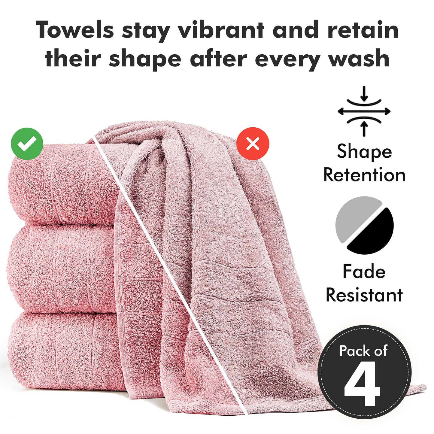 Novo Home Bath Towels Set of 4 – 100% Ring Spun Cotton Baby Pink Extra Large Towels for Bathroom, Spa Use (55x28 in) – 550 GSM Super Soft and Quick Dry Large Bath Sheets for Adults