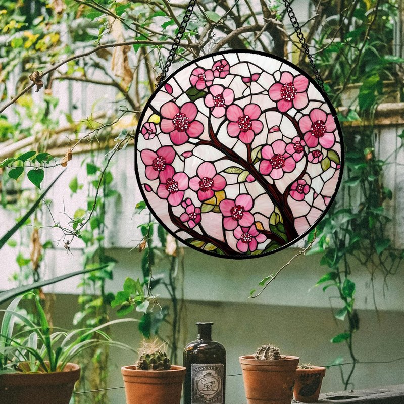 CRISGIF Stained Glass Window Hanging - Cherry Blossoms Birth Flower Suncatcher for Door Garden Patio Sun Catchers Decor Christmas Mother's Day Birthday Gifts for Women Mom Nana Friend Wife 6.3 in