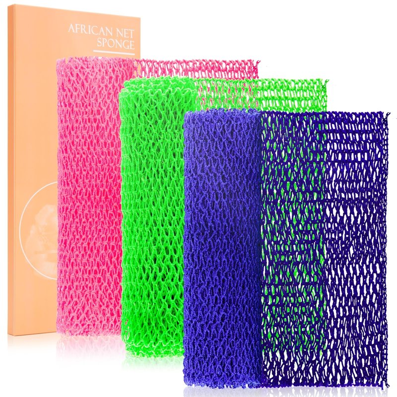 MTDLYICE African Net Sponge 3 Pack, Back Scrubber for Shower, XL 80CM Exfoliating Washcloth, African Net Sponge Authentic, Body Scrubber exfoliator Bath Accessories (Blue,LightGreen,Pink)
