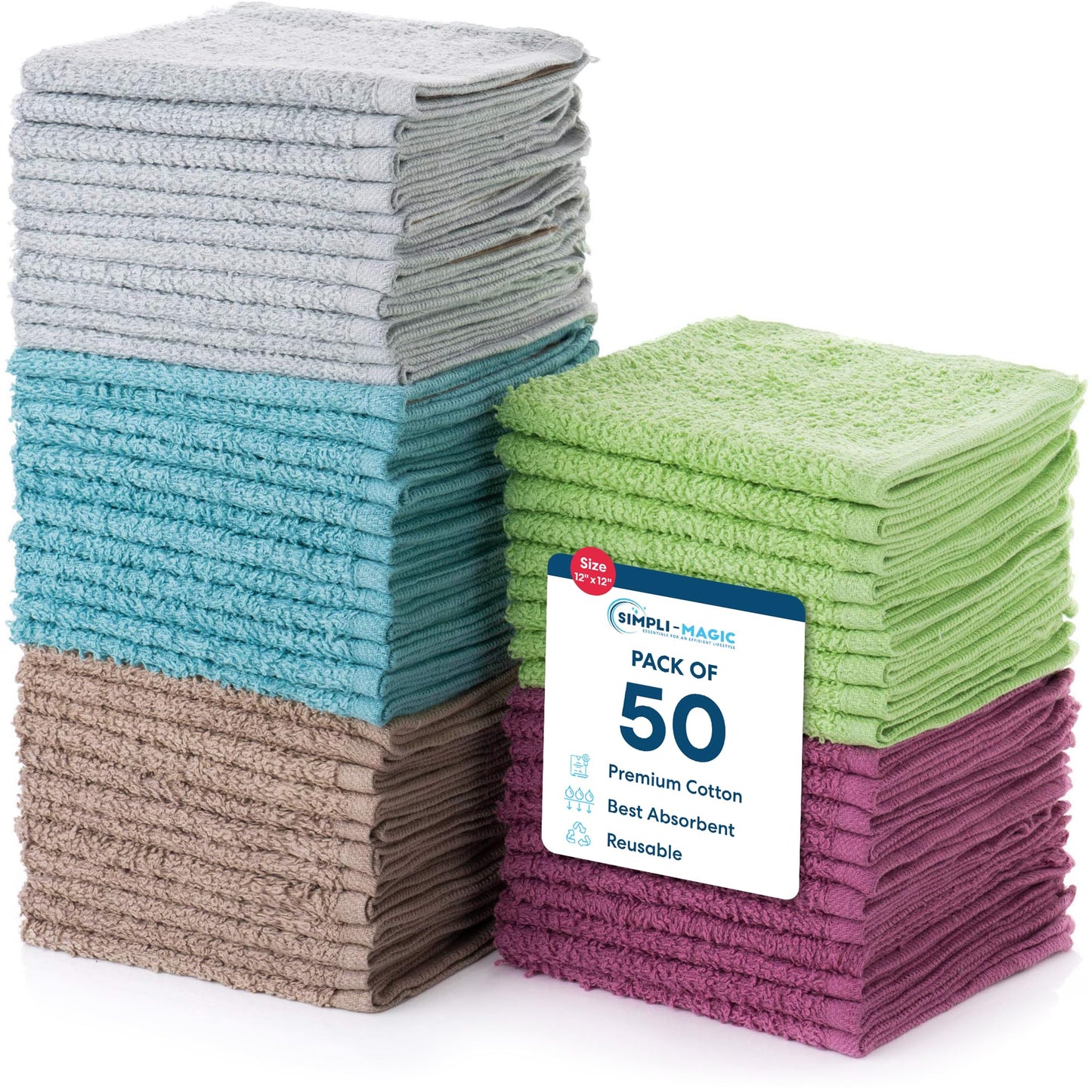 Simpli-Magic Cotton Wash Cloths 12"x12" (50 Pack) – Highly Absorbent Soft Towels for Bathroom – Commercial Terry Washcloth for Face, Hand, Bath, Kitchen, Gym & Hotel (Multicolor)