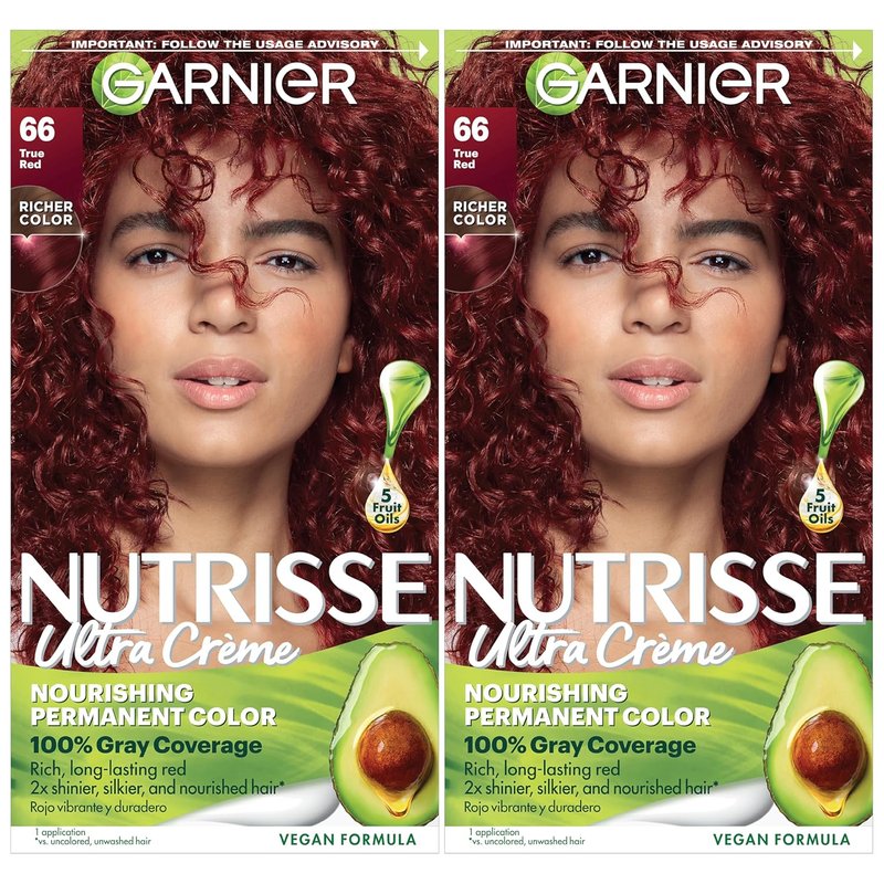 Garnier Nutrisse Ultra Crème Hair Color - 100% Gray Coverage, Vegan Permanent Dye | 66 True Red (Pomegranate), 2 Count