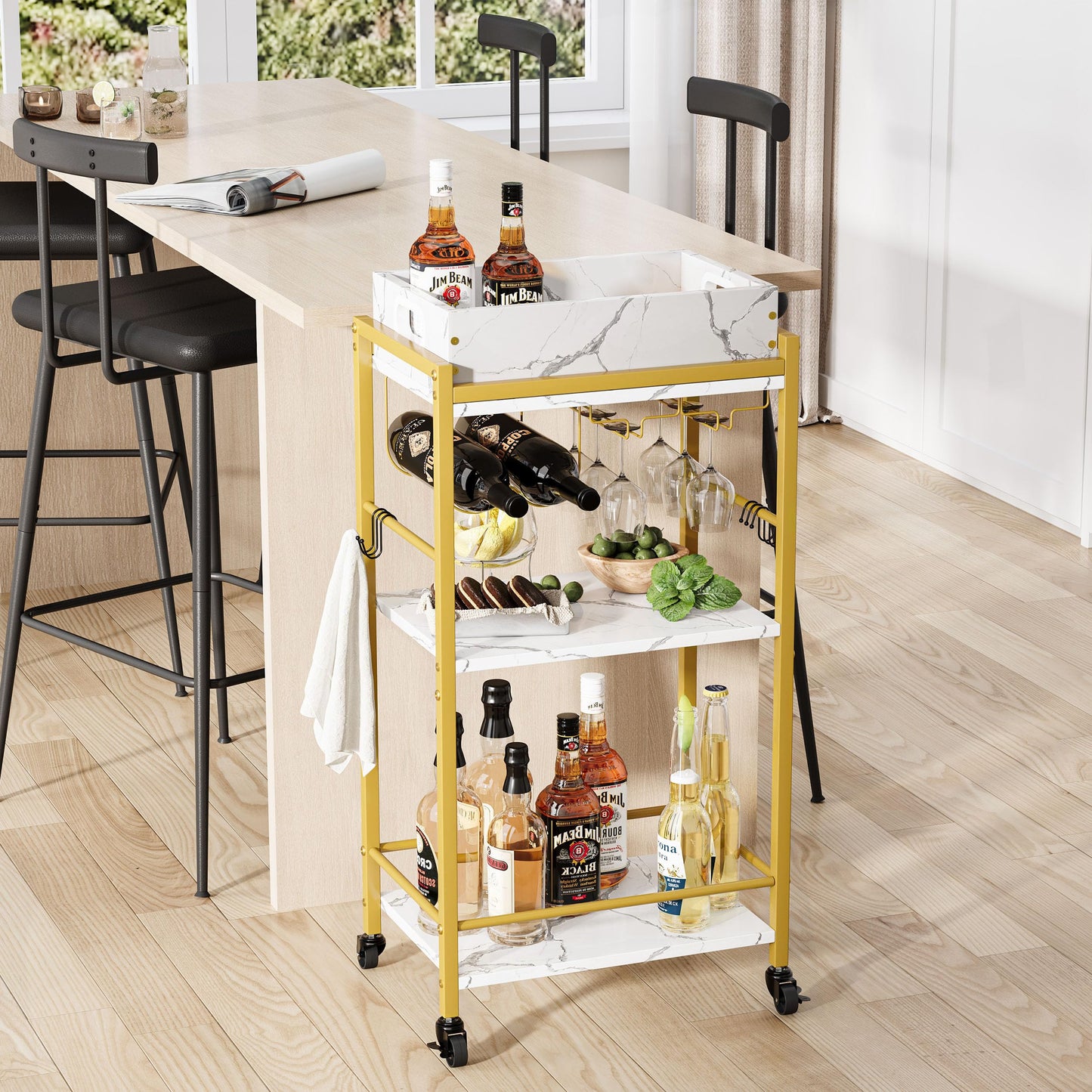 YAUKTAK 3-Tier Gold Bar Cart with Removable Tray, Small Bar Carts with Wheels, Rolling Beverage Cart, Drink Cart, Gold Wine Cart with Wine Rack for Kitchen, Living Room GBC513G