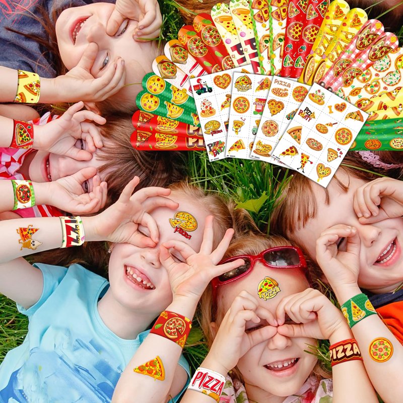 72PCS Pizza Party Set 48PCS Temporary Tattoos 24PCS Slap Bracelets Fun Food Themed Birthday Supplies, Baby Shower Gifts, Classroom Rewards & Party Decor for Kids Boys & Girls