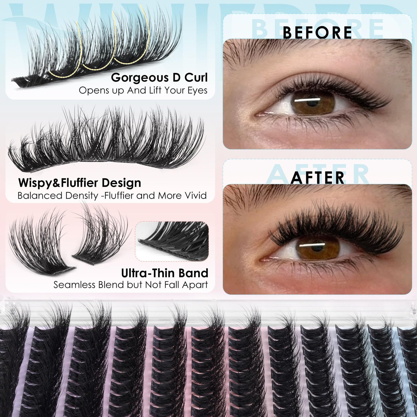 Winifred Lash Clusters Wispy Eyelash Clusters Fluffy Cluster Eyelash Extensions Medium Volume Cluster Lashes Natural DIY 10-16mm Wide Band Lash Extensions Lightweight Hyrid Faux Mink Individual Lashes