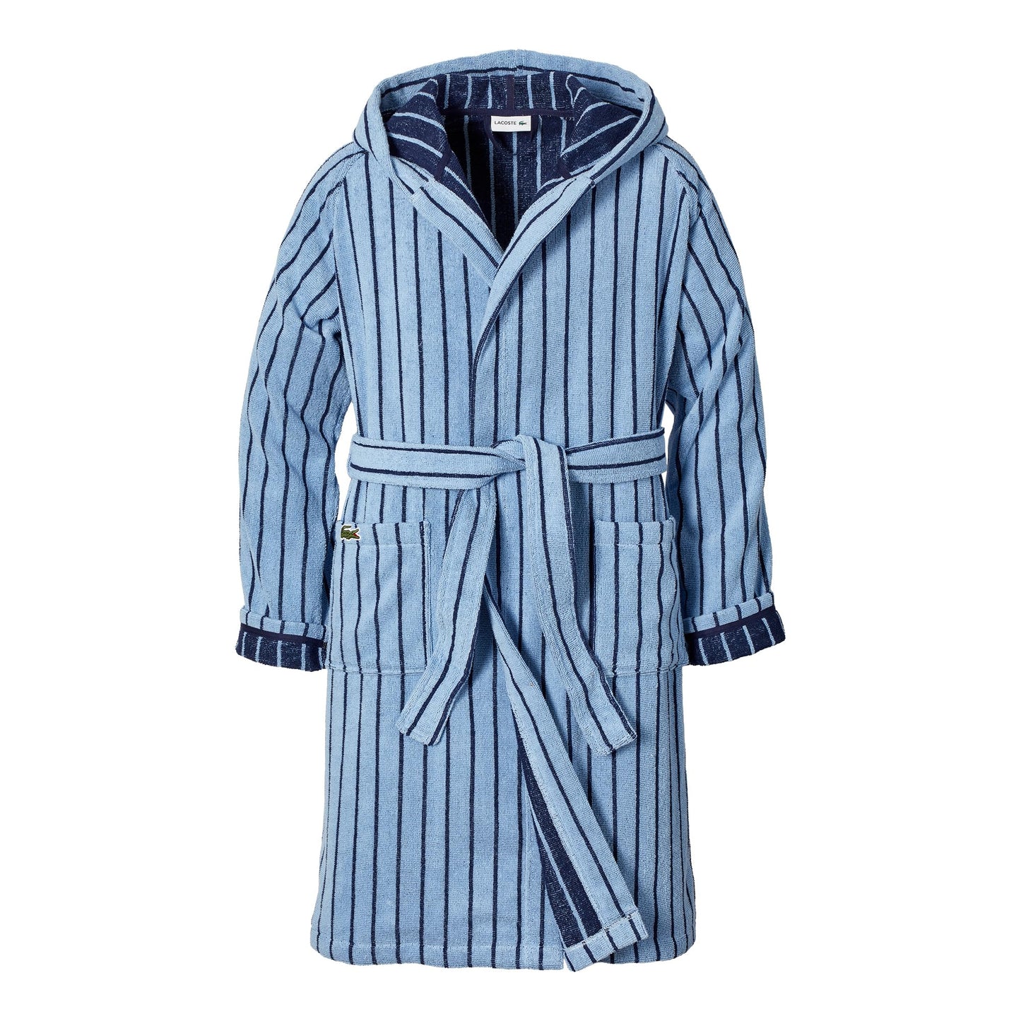 Lacoste Centre Mark Bath Robe — 100% Cotton, Luxury Adult Unisex Hooded Robe, Absorbent, Quick Drying, with 2 Pockets & Belt, Blue, S/M