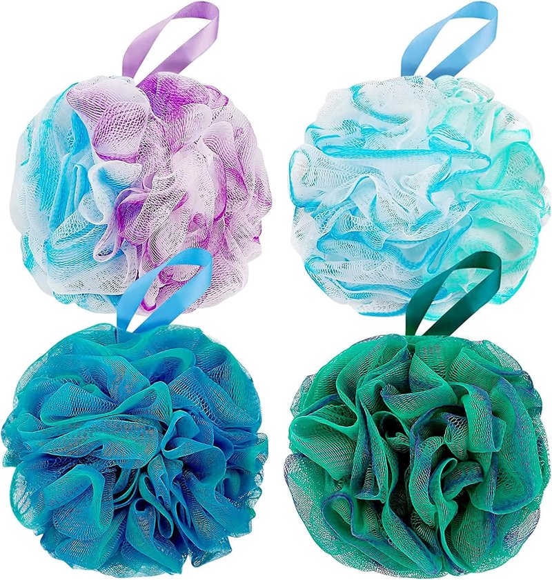 DadyMart Shower Loofah Sponge Pouf – XL Exfoliating Bath Puff Body Scrubber, Soft Mesh Shower Sponge with Reinforced Knot, Rich Lather, Set of 4 for Women and Men