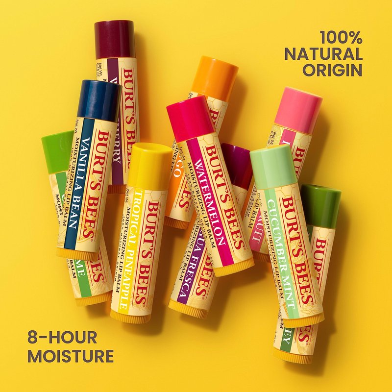 Burt's Bees Lip Balm, Beeswax, Strawberry, Coconut and Pear, and Vanilla Bean Pack, With Responsibly Sourced Beeswax, Tint-Free, Natural Lip Treatment, 0.15 oz., Four Tubes