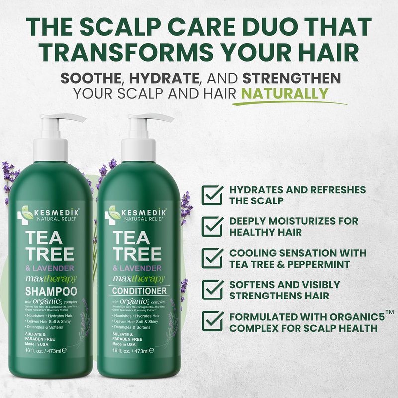 KESMEDIK Tea Tree Lavender Shampoo & Conditioner Set - Soothes Dry Scalp, Sulfate & Paraben-Free | 16 fl oz Each