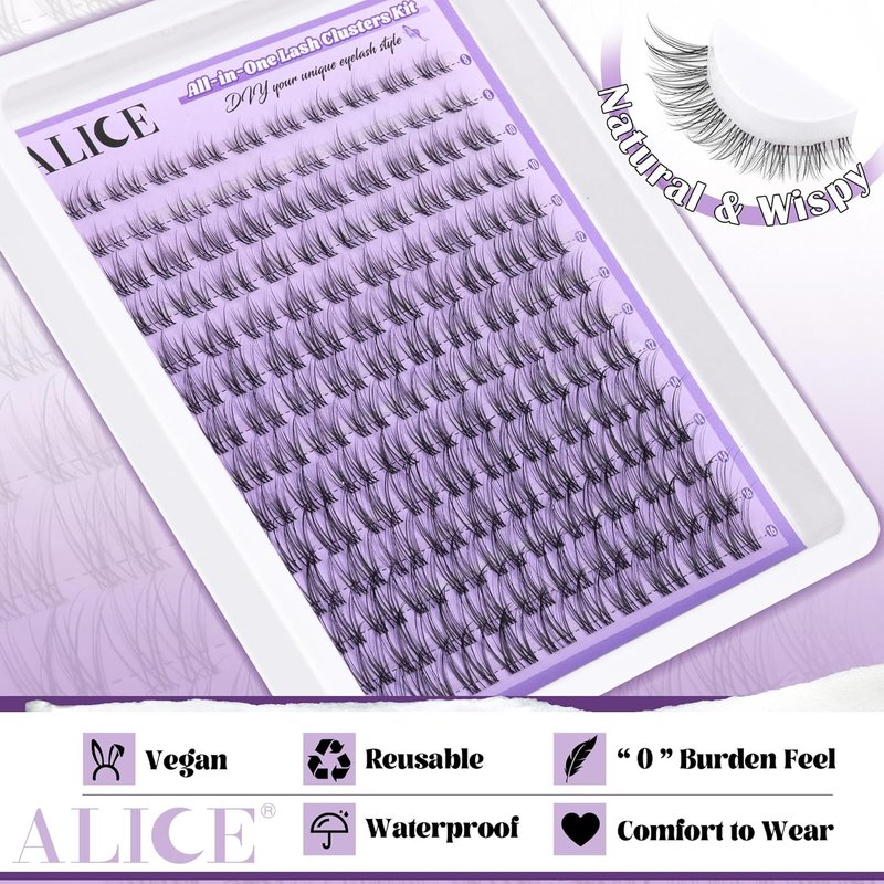 Cluster Eyelash Extension Kit - Natural Wispy Lash Clusters with Clear Band | 168pcs C-Curly 11-13mm Individual Lashes & Glue
