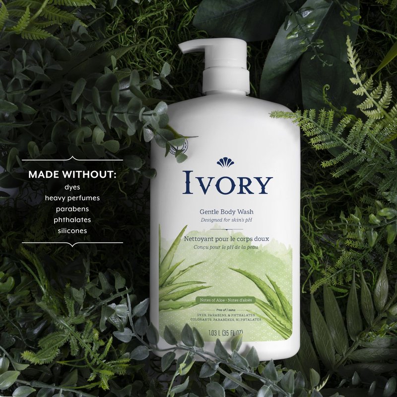 Ivory Gentle Body Wash, Designed for the Whole Family, Free of Dyes Heavy Perfumes Parabens Phthalates & Silicones, Aloe Scent, 35 oz