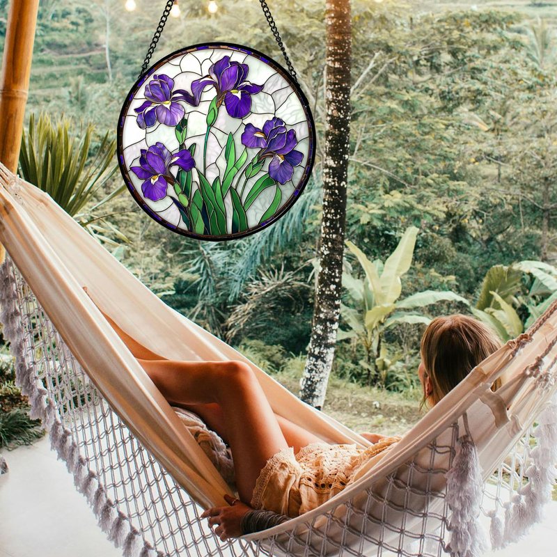 JOSUMALY Stained Glass Window Hanging - Purple Iris Flower Sun Catcher for Door Terrace Garden Home Decor, Green Plants Suncatcher Birthday Gifts for Lovers Women Men Dad Mom Nana 7.8 in