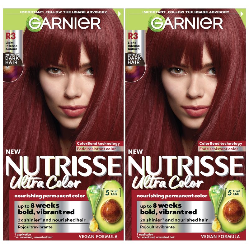 Garnier Nutrisse Ultra Color Hair Color, Permanent Hair Dye for Up to 8 Weeks of Bold, Vibrant, Fade-Resistant Results, Vegan & Cruelty-Free, R3 Light Intense Auburn (Red Hibiscus), 2 Count
