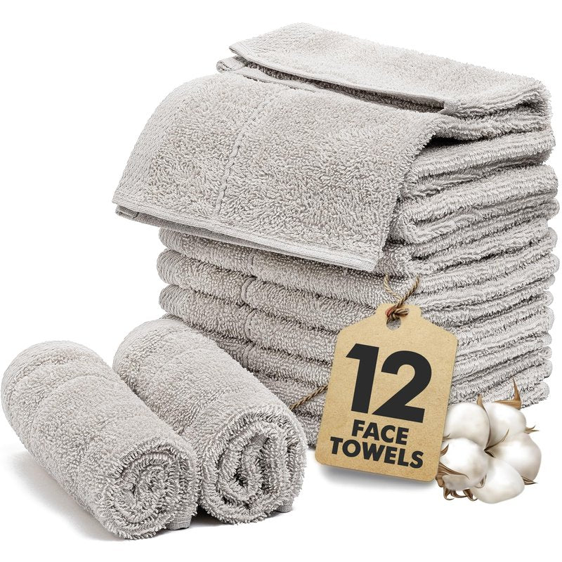 Novo Home Face Towels Pack of 12 – 100% Cotton Wash Cloths (12x12 inch) – Soft, Quick Dry & Highly Absorbent Hand Towels for Bathroom, Spa, Gym, Kitchen and for Daily Use - (Light Grey)