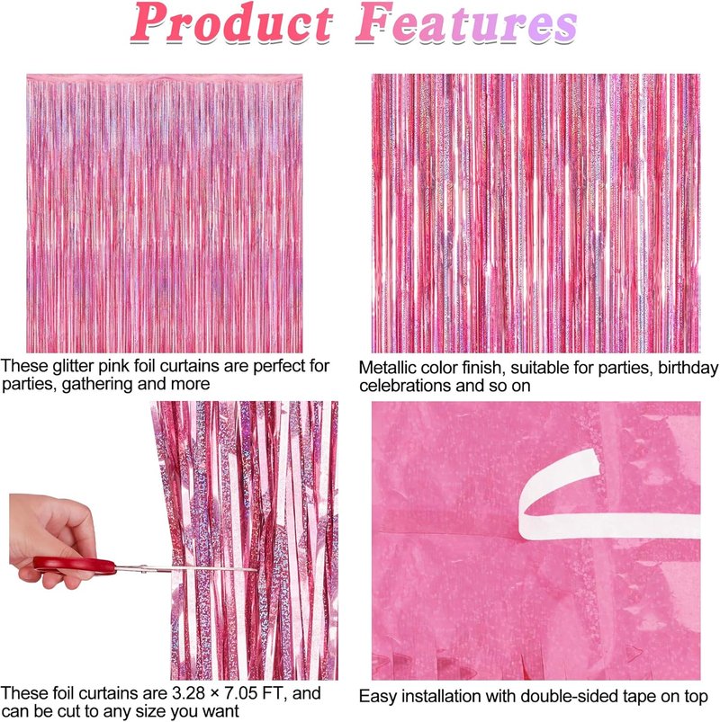 Skiennix Glitter Pink Backdrop - 2 Pack Laser Pink Fringe Curtains | 3.28 FT x 7.05 FT Birthday Party Decor