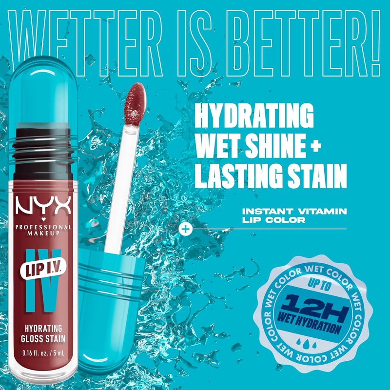 NYX PROFESSIONAL MAKEUP Lip IV Hydrating Glossy Lip Stain - 12HR Hydration in Drippin In Rose (Pink)