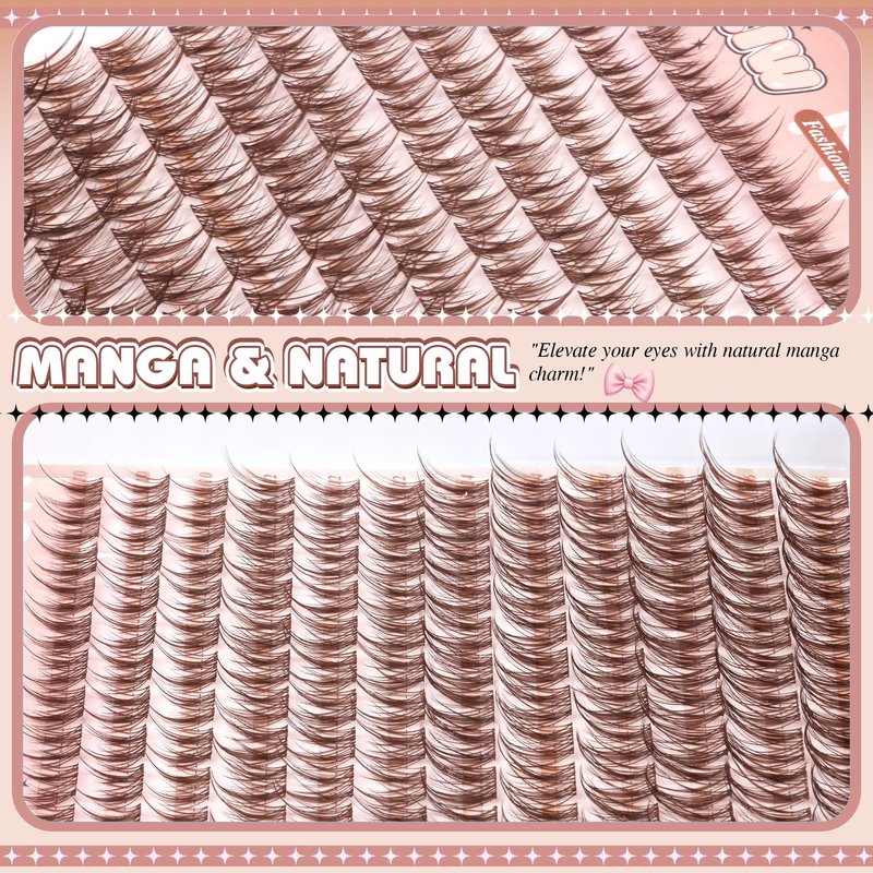 PVDKIW Brown Lash Clusters Wipsy Manga Lashes Clusters Natural Eyelash Clusters Dark Brown Lashes C Curl Cluster Eyelash Extensions Invisible Band False Eyelashes 10-16mm Cluster Lashes 144Pcs