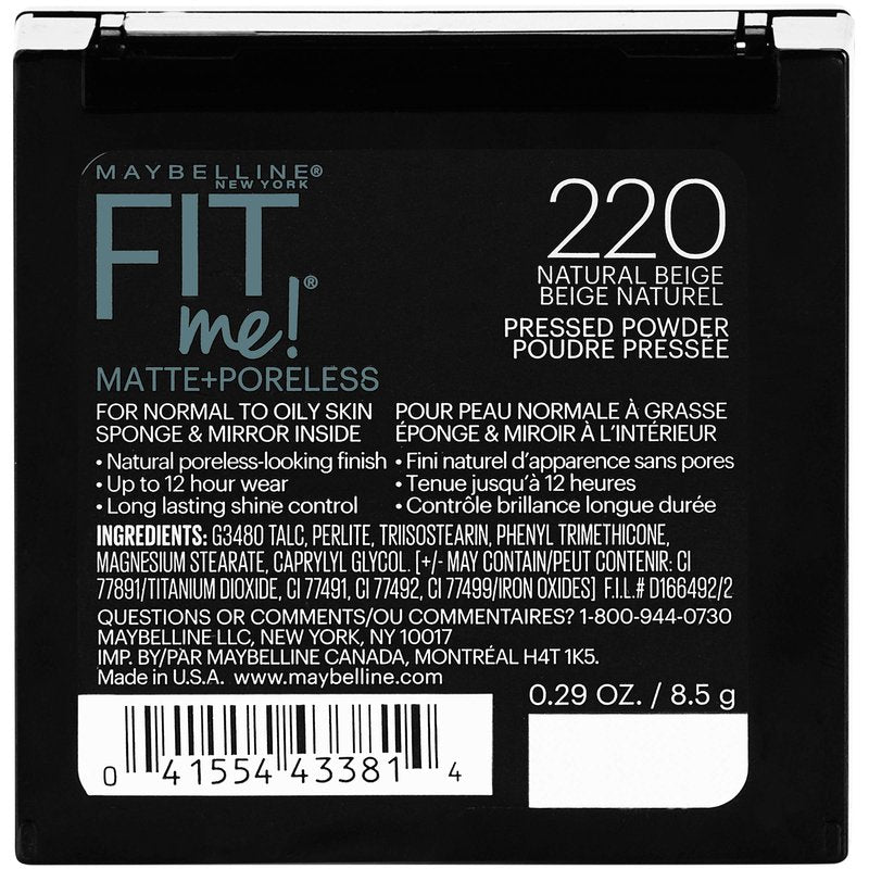 Maybelline Fit Me Matte + Poreless Pressed Powder, Liquid Foundation, Natural Beige, 1 Count Each